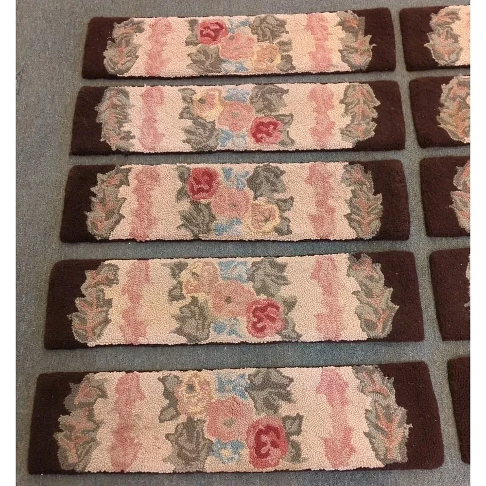 10 Antique Primitive Country Handmade Hook Wool Hooked‎ Stair Treads Floral Rug